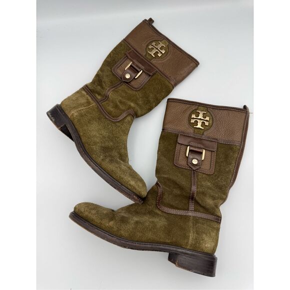 Tory Burch Womens Green Suede Mid Calf Riding Boots Size 6.5M - Picture 1 of 10